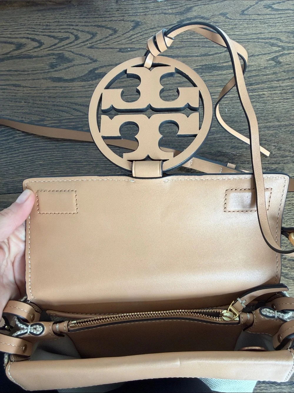 Tory Burch Beige Canvas & Tan Leather Logo Crossbody
